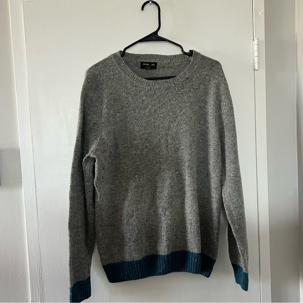 Vintage Gray Sweater with Blue Trim